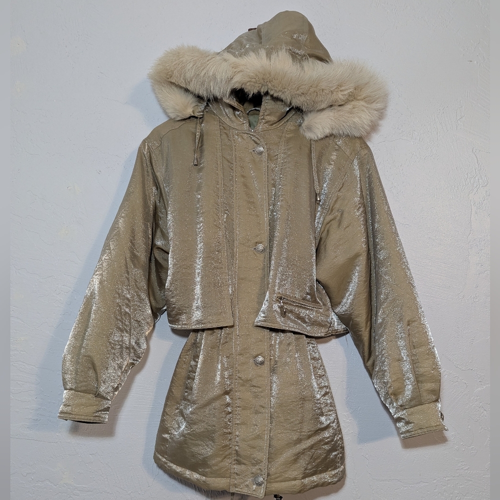 Vintage Y2K Bratz Metallic Hooded Puffer Coat Fox Fur Trim Luxury Timeless Chic